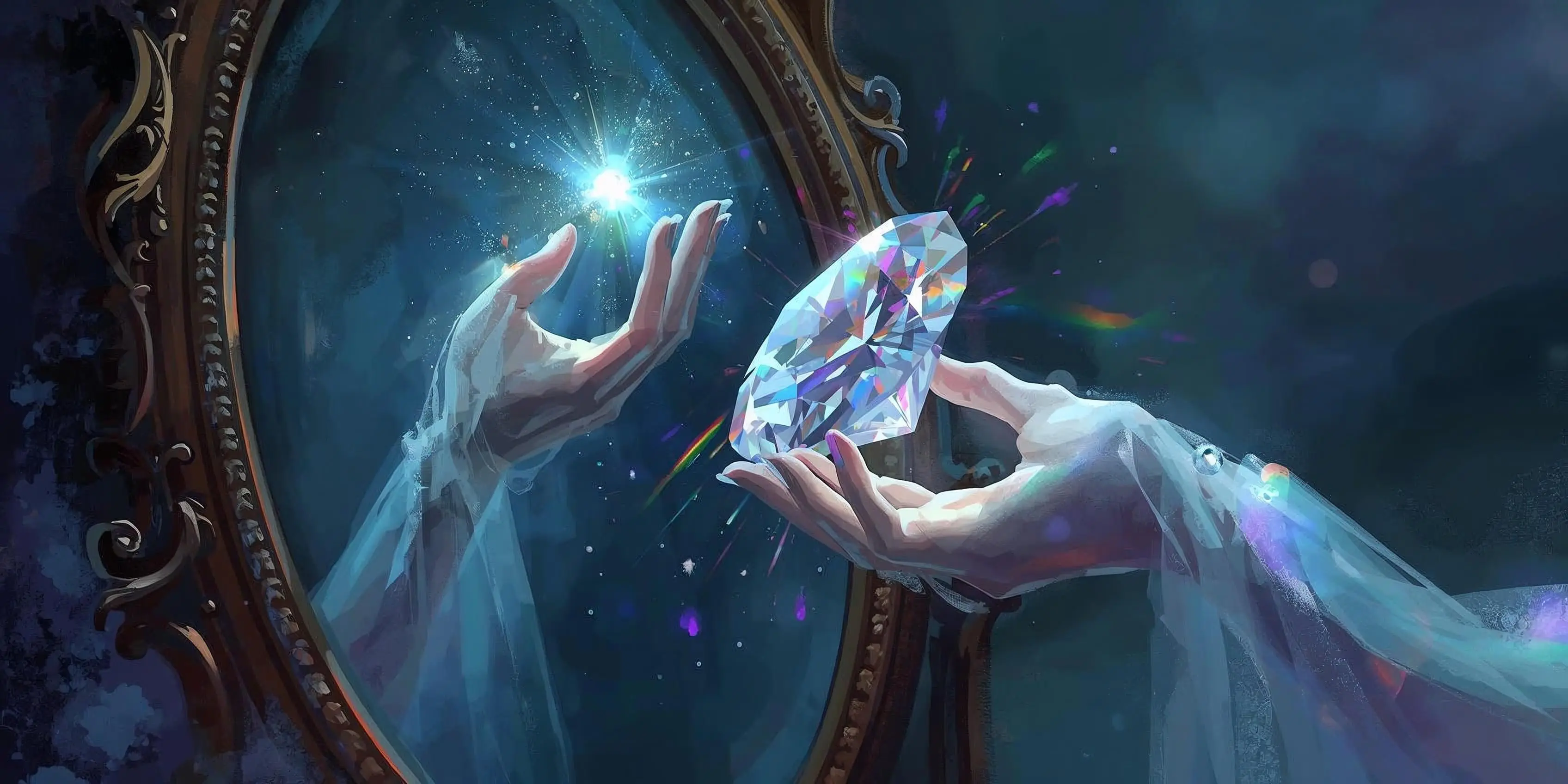 Eine mystisch-zauberhafte Illustration eines Spiegels mit einer Spiegelreflektion. Eine Hand darin streckt einen funkelnden Diamant entgegen