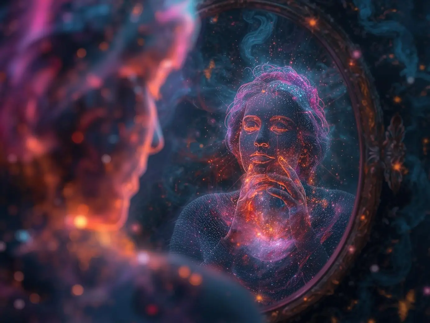 cosmic self love in a mirror. a reflection. heart activation. Selbsterkenntnis